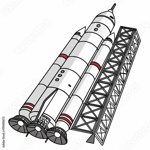 Heavy lift space rocket on launchpad white