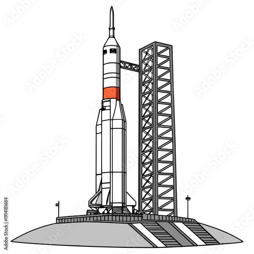 Heavy space launch rocket on launchpad with service tower 1