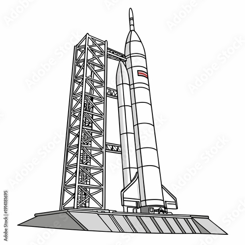 Heavy space launch rocket on launchpad with service tower