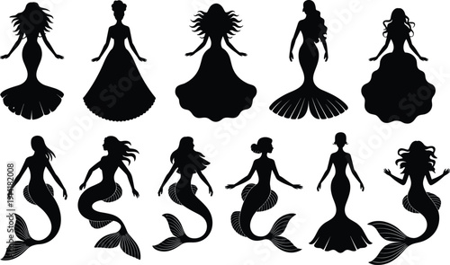 Mermaid silhouettes collection, fantasy sea women with flowing hair and tails, mythical underwater characters for fairy tale, ocean design illustration