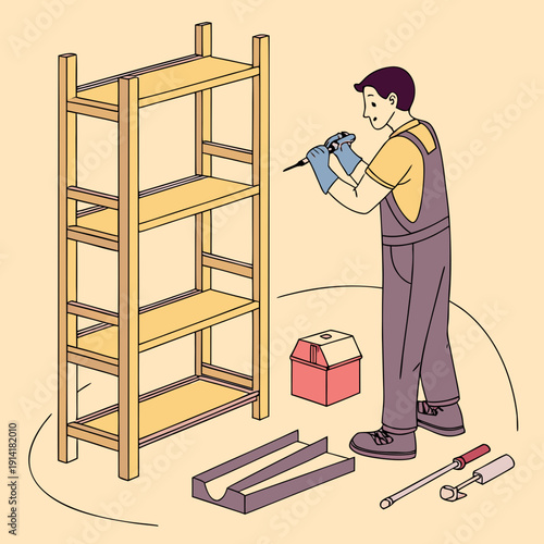 Man focused on assembling a DIY wooden shelf, a rewarding home improvement project.