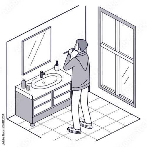 Man brushing his teeth in a bright, modern bathroom, practicing daily hygiene.