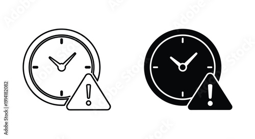 Warning clock icons with exclamation mark in modern flat design