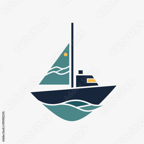 A stylized vector illustration of a sailboat with a dark hull and teal sail, featuring a small yellow sun and waves below.