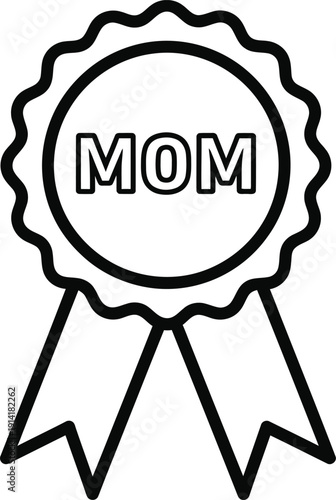Black and white line drawing of a mom ribbon badge