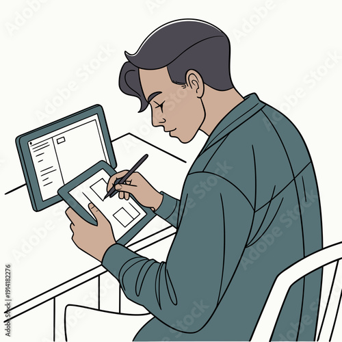 Graphic designer intently working on a digital tablet, creating designs with a stylus, featuring a modern, clean interface.
