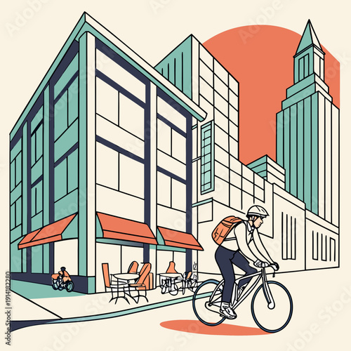 Active man cycling through a modern city street with contemporary buildings, symbolizing urban lifestyle and healthy commute.