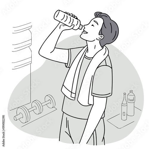 Healthy man drinking fresh water after a vigorous workout, promoting a fit lifestyle and post-exercise recovery.