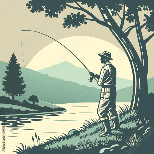 Man fishing peacefully by a serene lake at sunrise, enjoying the calm nature and beautiful dawn.