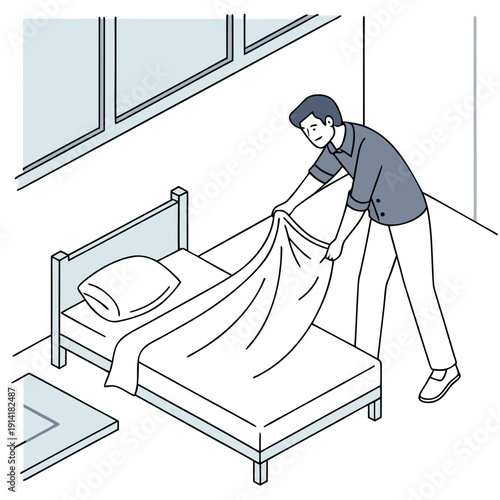 Man folding a blanket on a minimalist bed, embodying a calm and clean modern lifestyle.