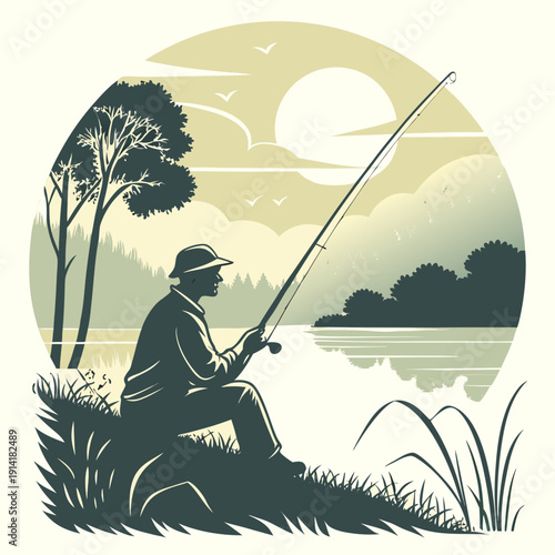 Man fishing peacefully by a serene lake at sunrise, enjoying the calm nature and beautiful dawn.