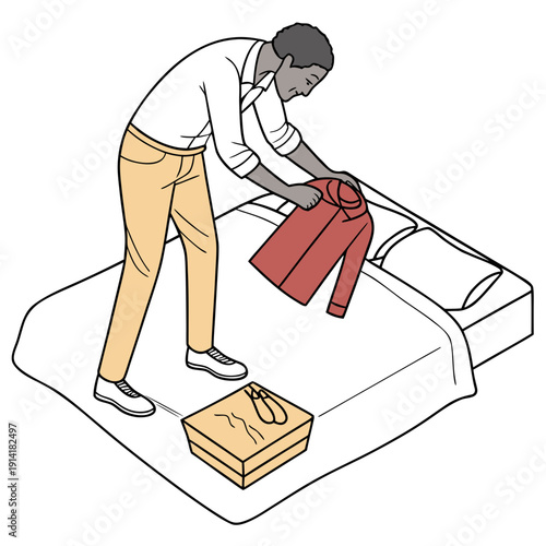 Man folding casual clothes on a clean bed, representing tidiness and organization in daily life.