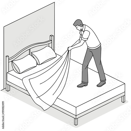 Man folding a blanket on a minimalist bed, embodying a calm and clean modern lifestyle.