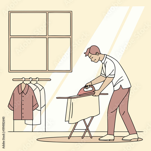 Man ironing a white shirt in a brightly lit room, capturing a moment of a common daily household task.