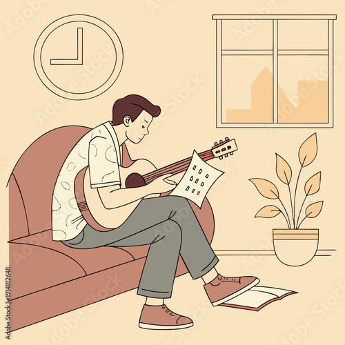 Focused man learning to play acoustic guitar at home, enjoying a musical hobby indoors with natural light.