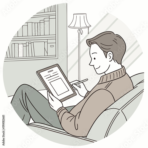 Man learning language from a tablet with a blank screen, focusing on digital education and online study at home.