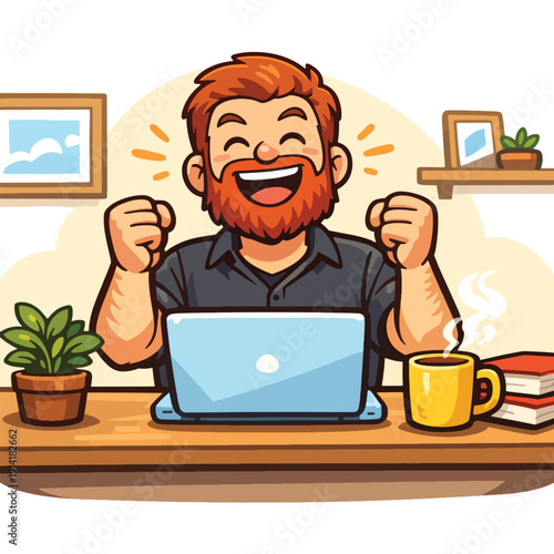 Excited bearded man celebrating success working on laptop at desk