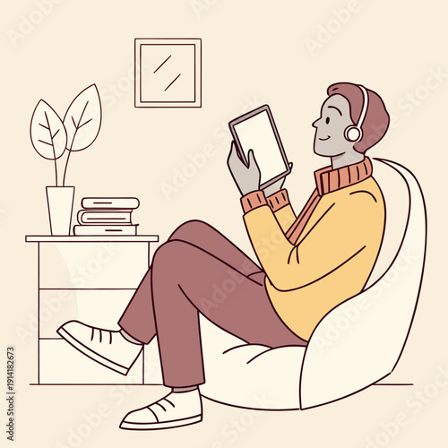 Man learning language from a tablet with a blank screen, engaging in digital education and online self-study at home.