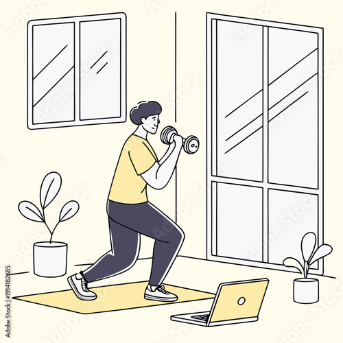 Fit man lifting light dumbbells at home in bright daylight, focusing on fitness and healthy exercise routine indoors.