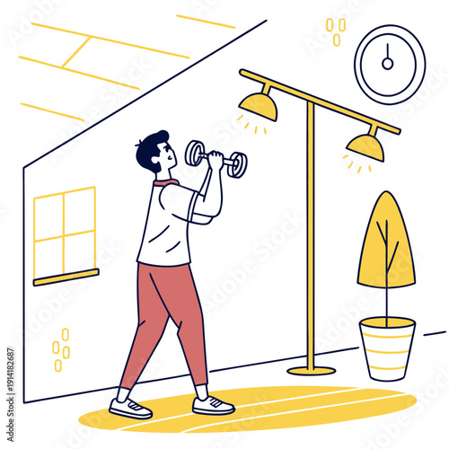 Active man lifting light dumbbells at home in bright daylight, engaging in a healthy workout and fitness routine indoors.