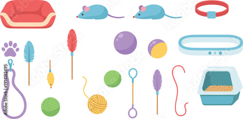 Cat Toys and Accessories Vector Set Featuring Pet Bed, Mice, Balls, Feathers, Scratching Items, Collar, and Litter Box for Pet Care Designs