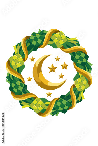 Green ketupat wreath woven in diamond pattern, gold ribbon twist encircling crescent moon and stars, festive Islamic holiday ornament, traditional Malay woven craft symbol