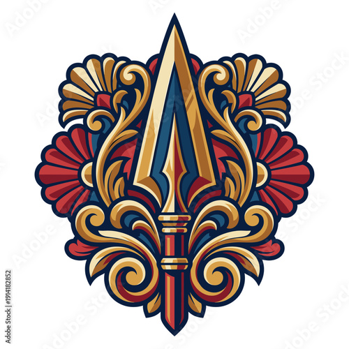 Ornate spearhead emblem in gold navy and crimson, baroque floral scrollwork and symmetrical petals framing sharp point, royal vintage crest motif, bold decorative insignia