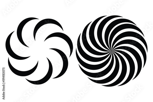 This black and white graphic features two circular spiral designs. On the left, an open, flower-like pattern is formed by several crescent shapes arranged in a circle. On the right, a solid circle 