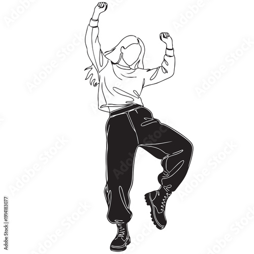 line sketch vector fashion girl in wide pants, top and boots for store logo in dynamic pose