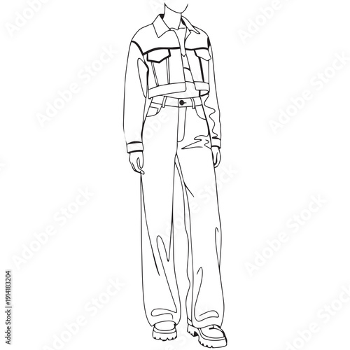 Abstract silhouette one line sketch vector fashion girl in very wide pants, jacket and boots on isolated white background