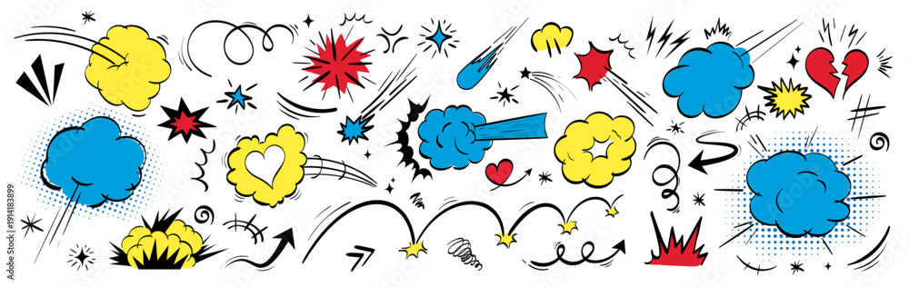 Fototapeta premium Superhero comic explosion effect vector kit with colorful speed lines, burst smoke, impact frame, love heart, arrow. Pop cartoon element bundle for animation, doodle air effect. Explosive shapes