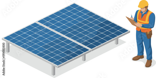 Isometric Solar Panel Installation with Professional Male Technician Holding Clipboard and Pen for Renewable Green Energy Maintenance Infrastructure and Sustainable Technology Vector Illustration