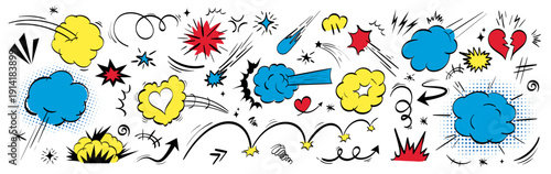 Superhero comic explosion effect vector kit with colorful speed lines, burst smoke, impact frame, love heart, arrow. Pop cartoon element bundle for animation, doodle air effect. Explosive shapes