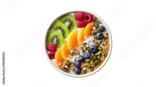 A vibrant and healthy breakfast bowl filled with granola, fresh fruit, and a sprinkle of coconut flakes.