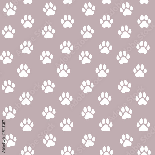 Seamless pattern with white paws on a gray background. Perfect for pets. Animal themed cute design.