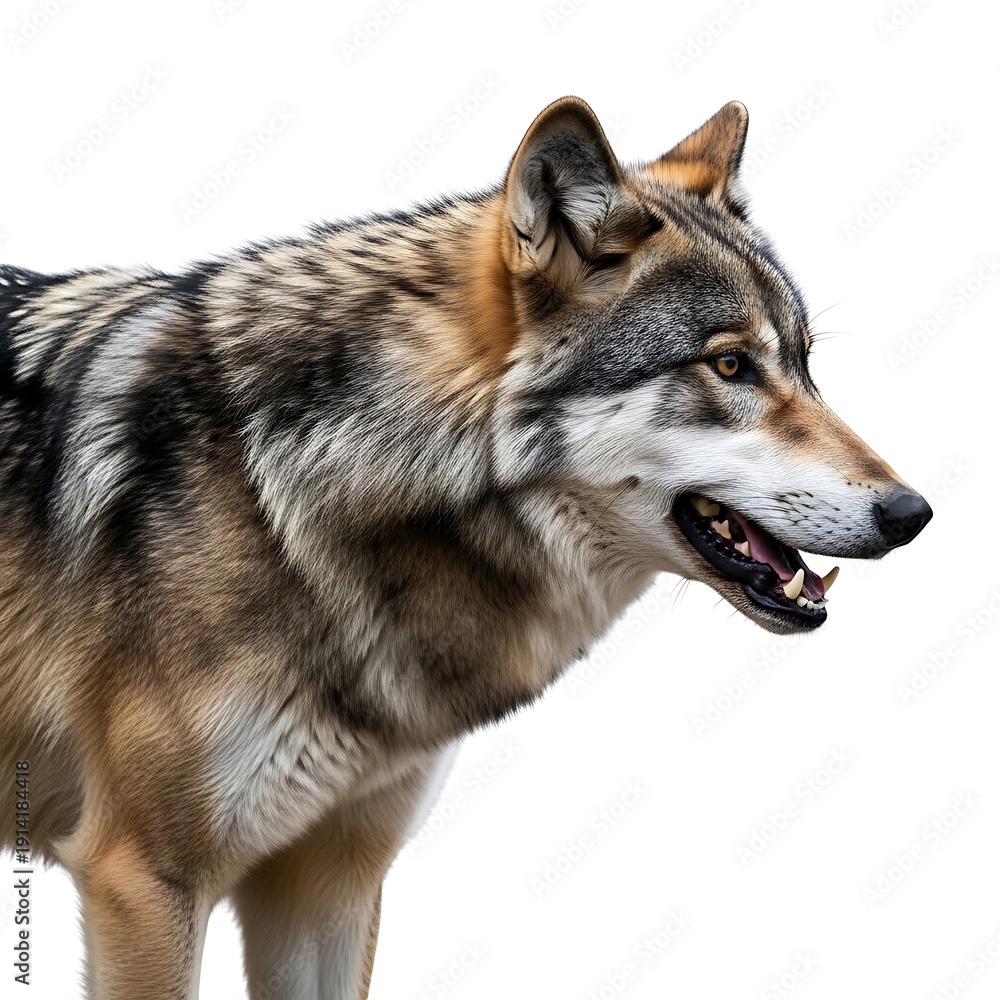 Fototapeta premium Wolf with open mouth looking to the right isolated on white background