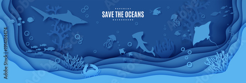 Save the ocean environment papercut background. Layered underwater scene with stingray, hammerhead fish, shark, jellyfish, crab, coral reef life. Vector sea marine life concept. Paper craft layered bg