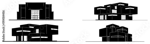 Modern minimalist architecture concepts with geometric concrete building designs in perspective