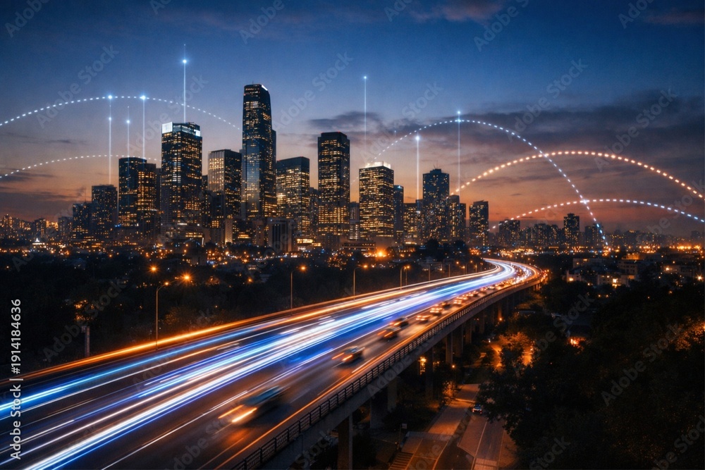 Fototapeta premium Smart city skyline at night with digital network connection lines
