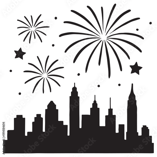 Black silhouette of a vibrant cityscape with fireworks illuminating the night sky