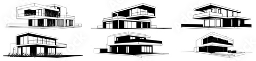 Set of modern minimalist luxury house perspective views in black and white vector style