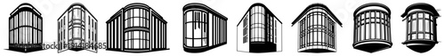 Collection of architectural sketches featuring curved glass facades and modern bow window designs