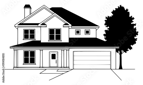 Two story family house with garage and tree in architectural line art style