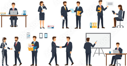 Business People Working and Meeting Vector Set Featuring Office Tasks, Teamwork, Presentation, Agreement, and Professional Corporate Activities