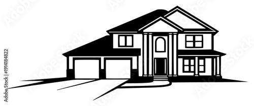 Large suburban family house silhouette with double garage and driveway in perspective view