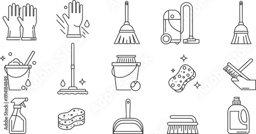 Cleaning Tools Line Icon Vector Set Featuring Mop, Bucket, Vacuum, Sponge, Detergent, Gloves, and Household Hygiene Symbols