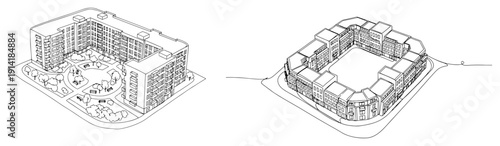 Isometric line art drawing of modern apartment complex with courtyard and urban landscaping