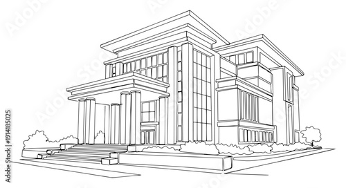 Modern luxury mansion house with classical columns one line drawing architecture