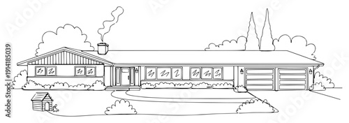Suburban ranch style family house with garage continuous line art illustration