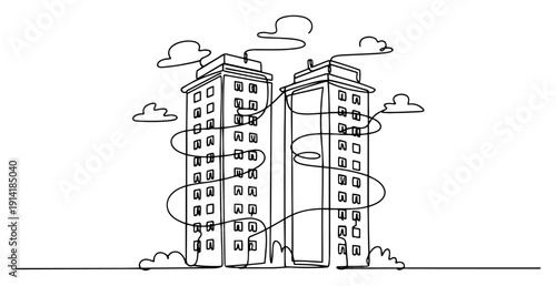 Two tall skyscraper towers with clouds in artistic continuous line drawing style